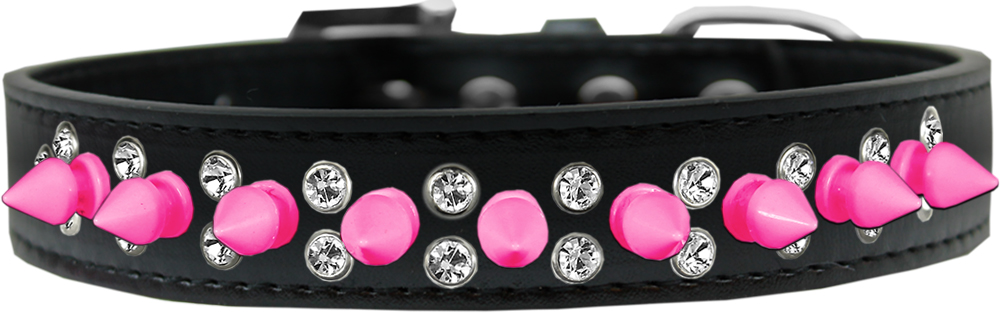 Double Crystal and Bright Pink Spikes Dog Collar Black Size 16